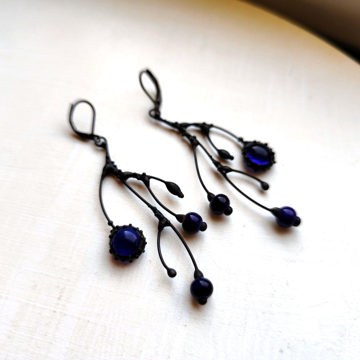 Cobalt Blue Glass Branch Earrings – Blackened Copper Asymmetrical Dangles – Botanical