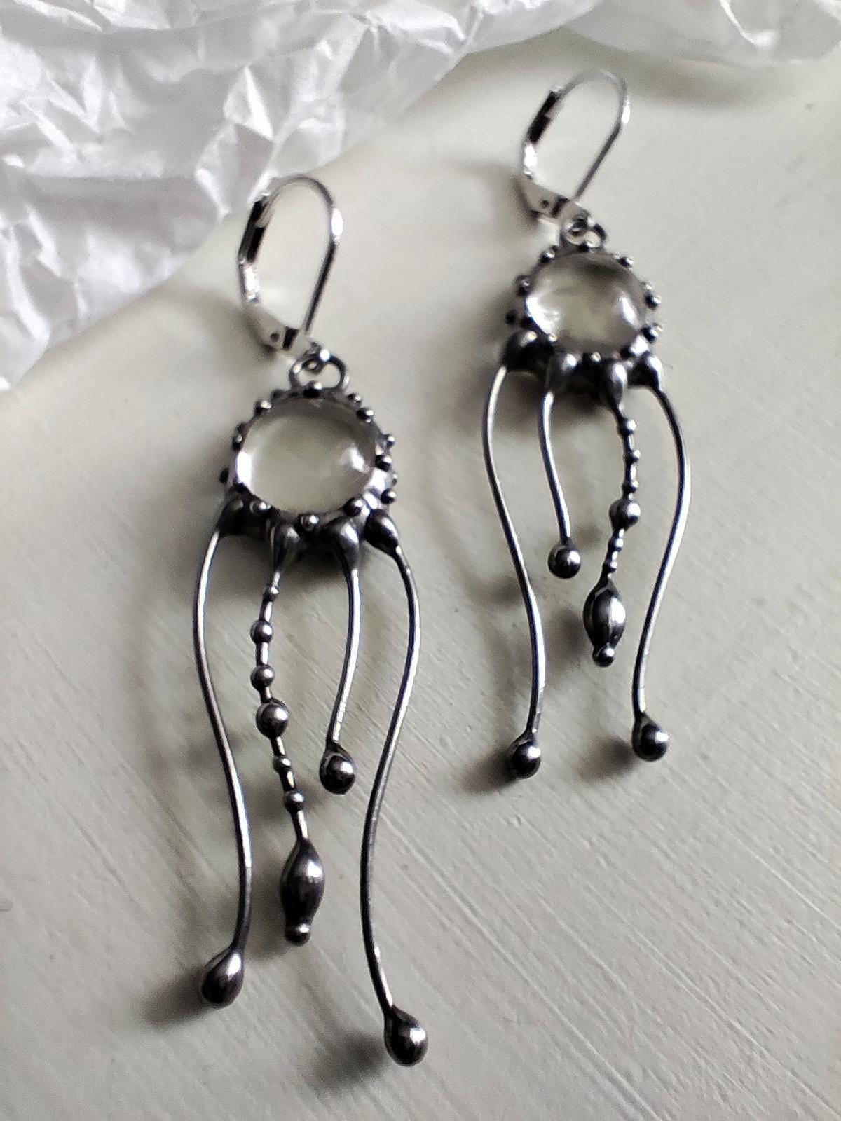 Clear Stained Glass Jellyfish Earrings – Silver Tone