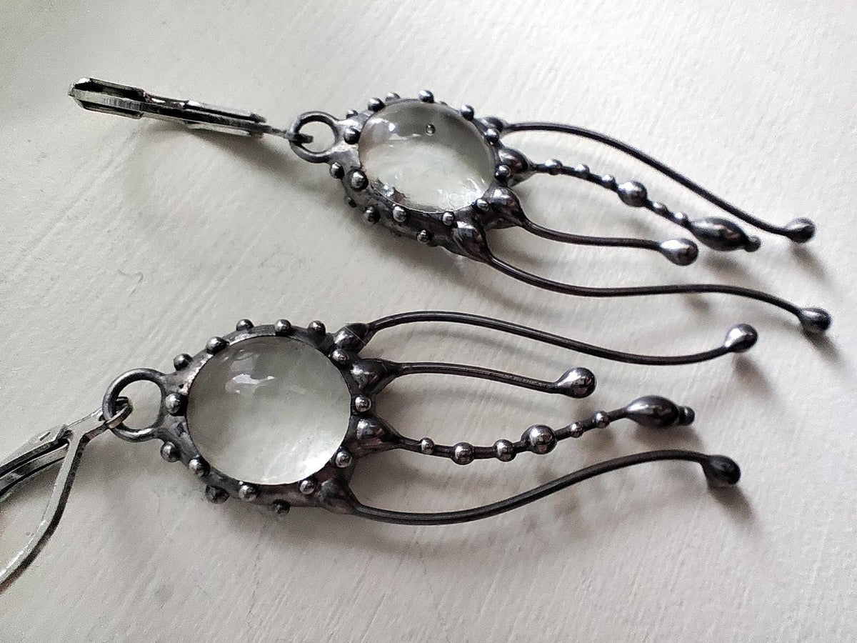 Clear Stained Glass Jellyfish Earrings – Silver Tone