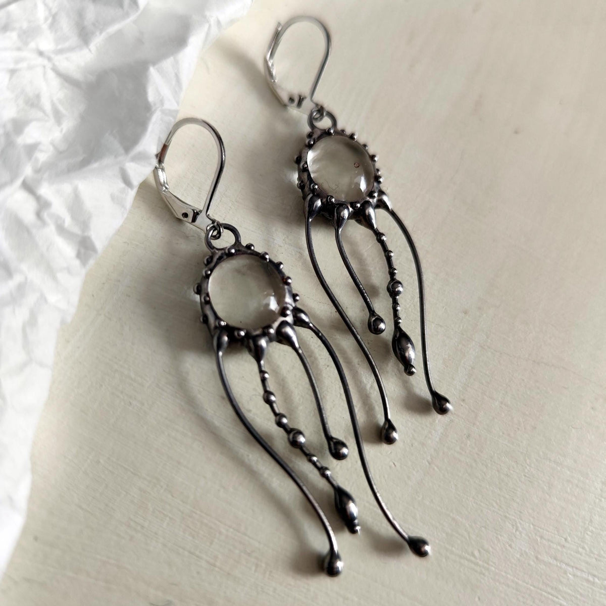 Clear Stained Glass Jellyfish Earrings – Silver Tone