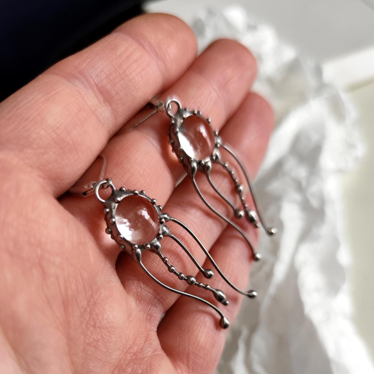 Clear Stained Glass Jellyfish Earrings – Silver Tone