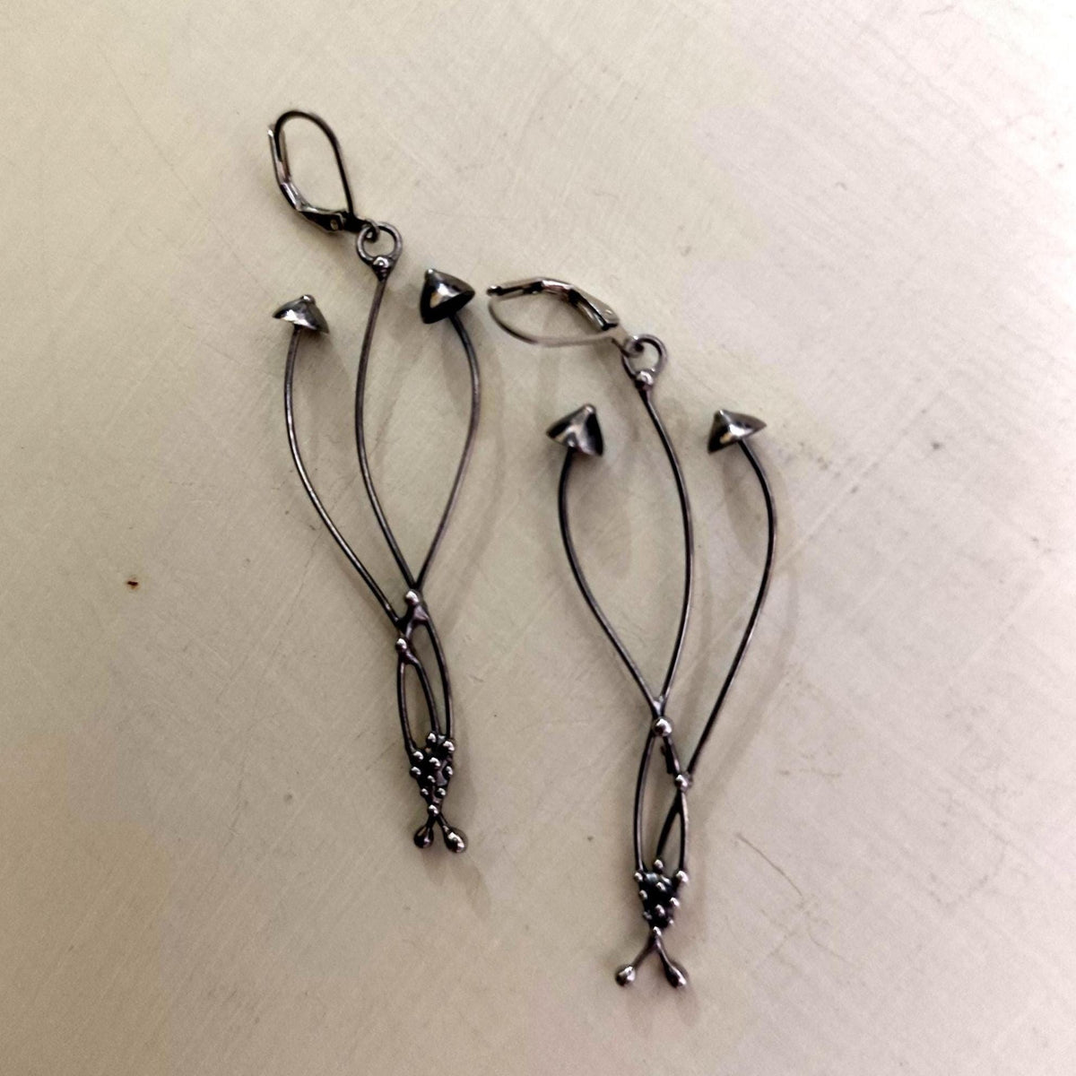 Silver Tone Mushroom Earrings – Copper & Pewter Forest Dangles – Psychedelic Botanical