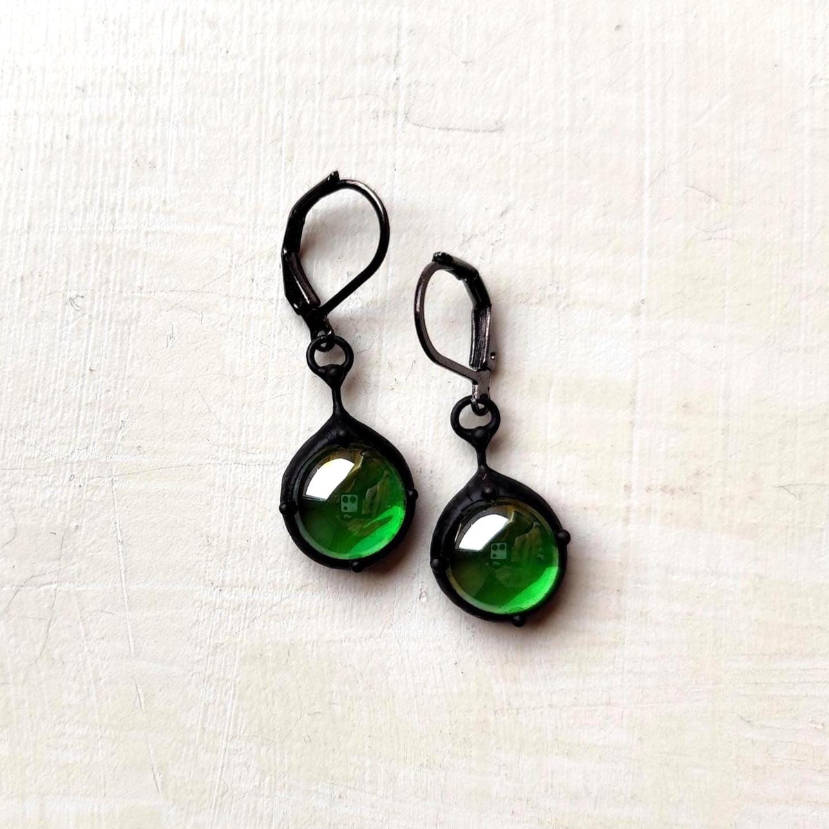 Green Stained Glass Suncatcher Earrings – Blackened Copper