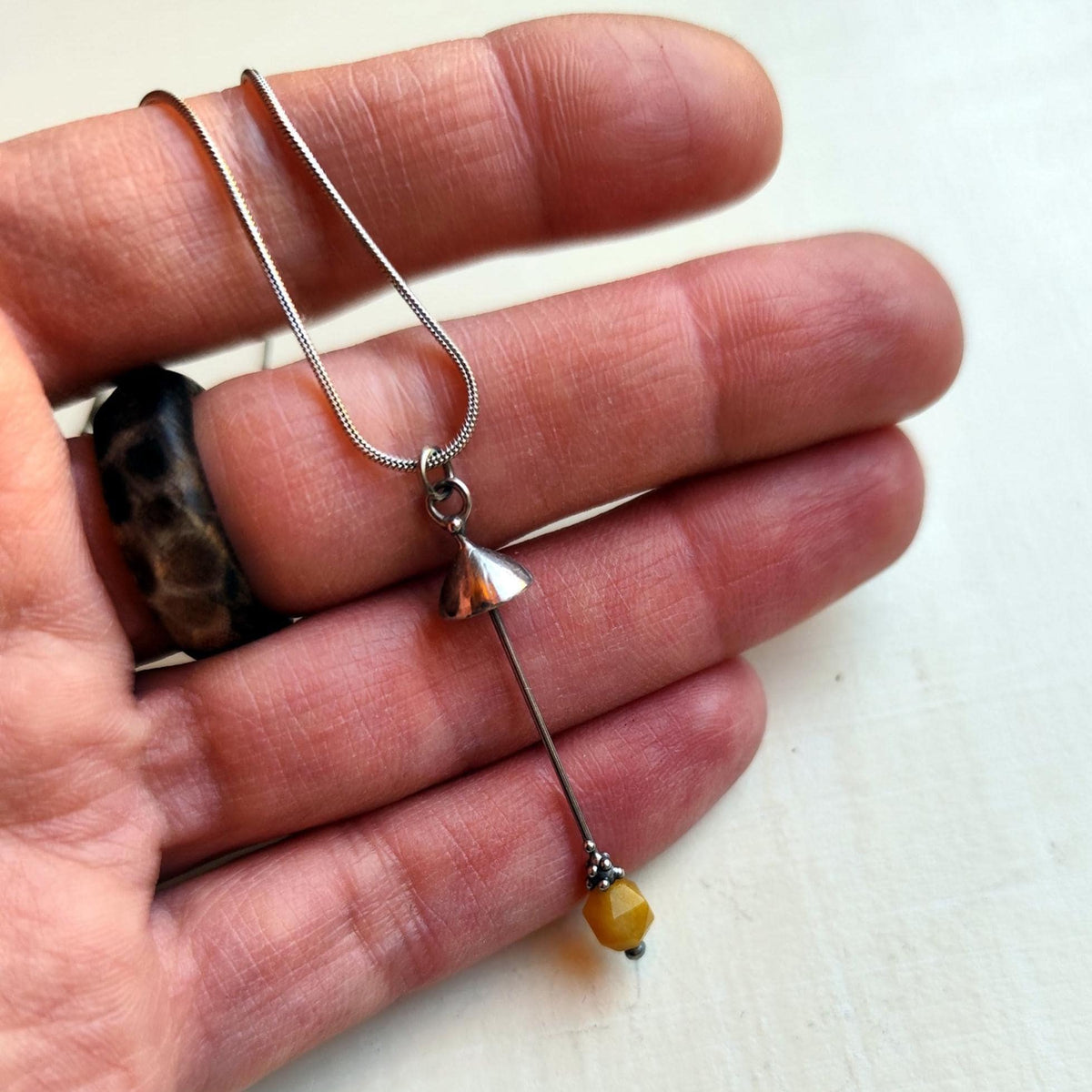 Yellow Jade Mushroom Pendant Necklace – Silver Tone