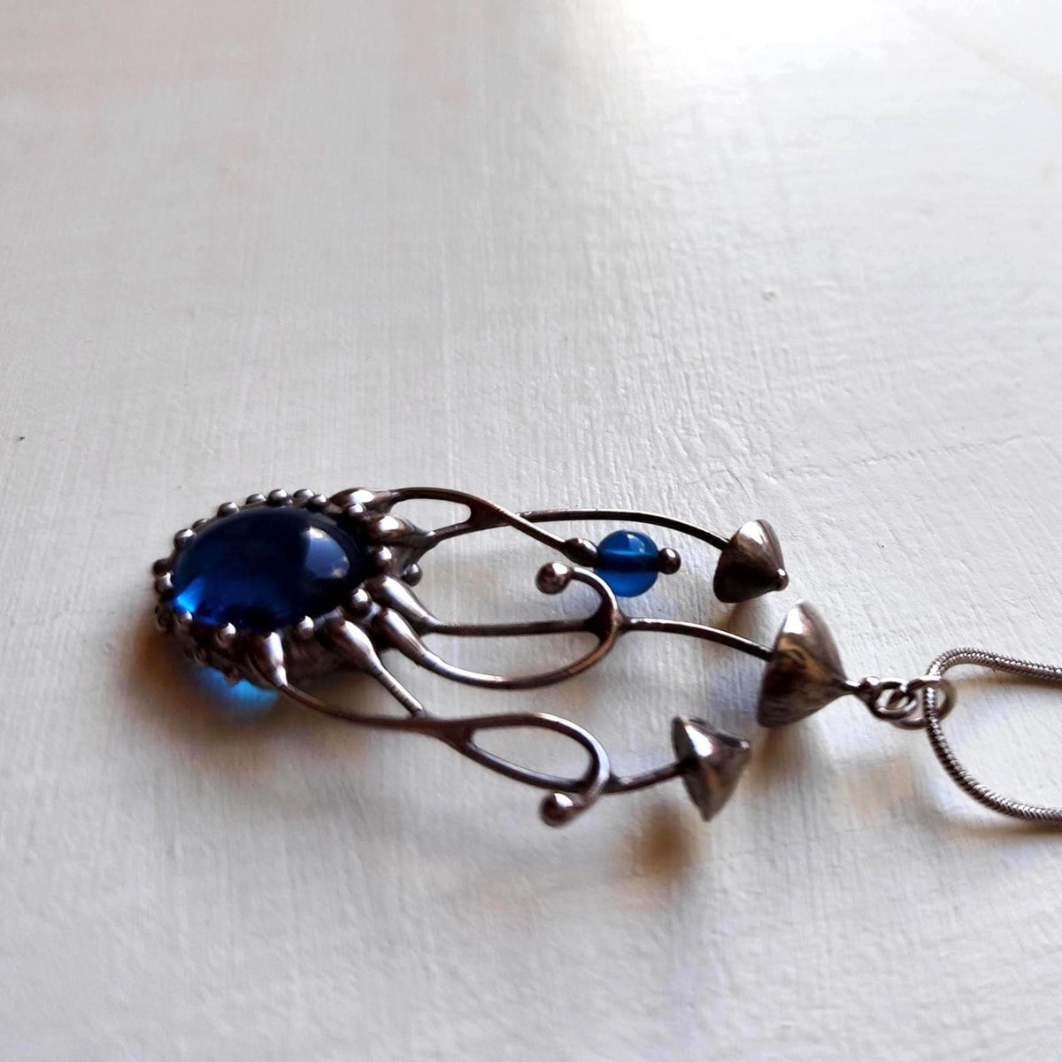 Blue Kiln-Fused Glass Mushroom Necklace – Silver Tone