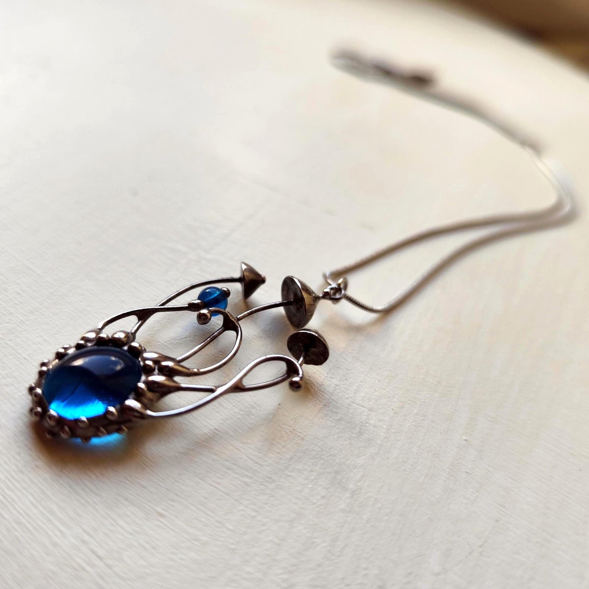 Blue Kiln-Fused Glass Mushroom Necklace – Silver Tone