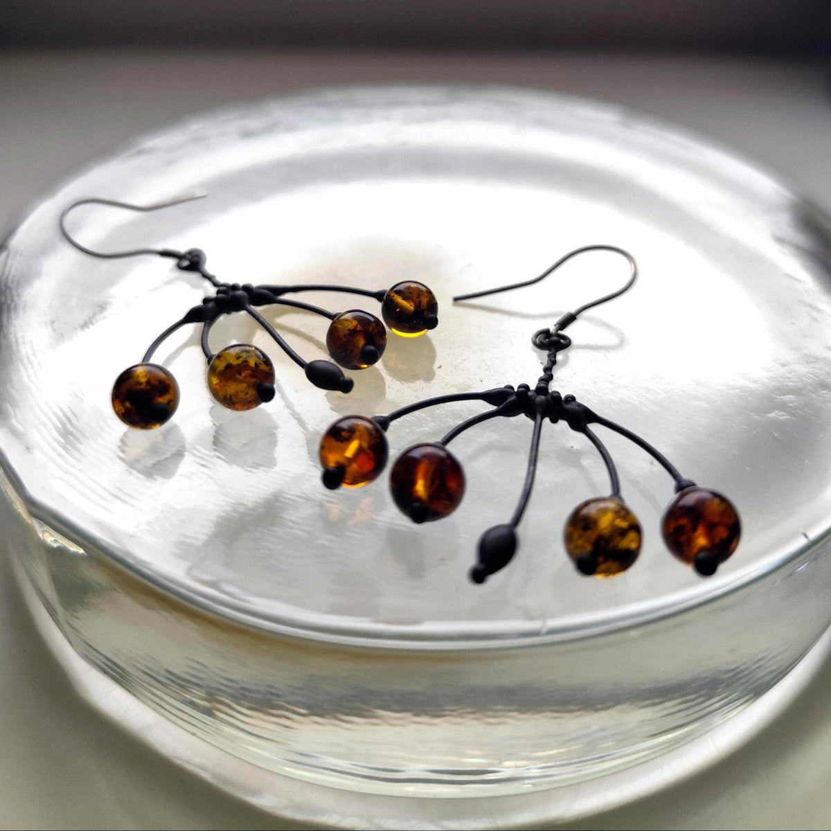 Amber Flower Earrings – Blackened Copper