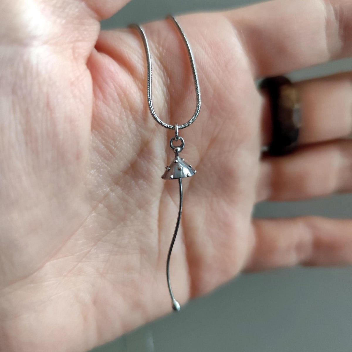 Silver Tone Amanita Mushroom Necklace – Copper & Pewter Toadstool Pendant – Mycology