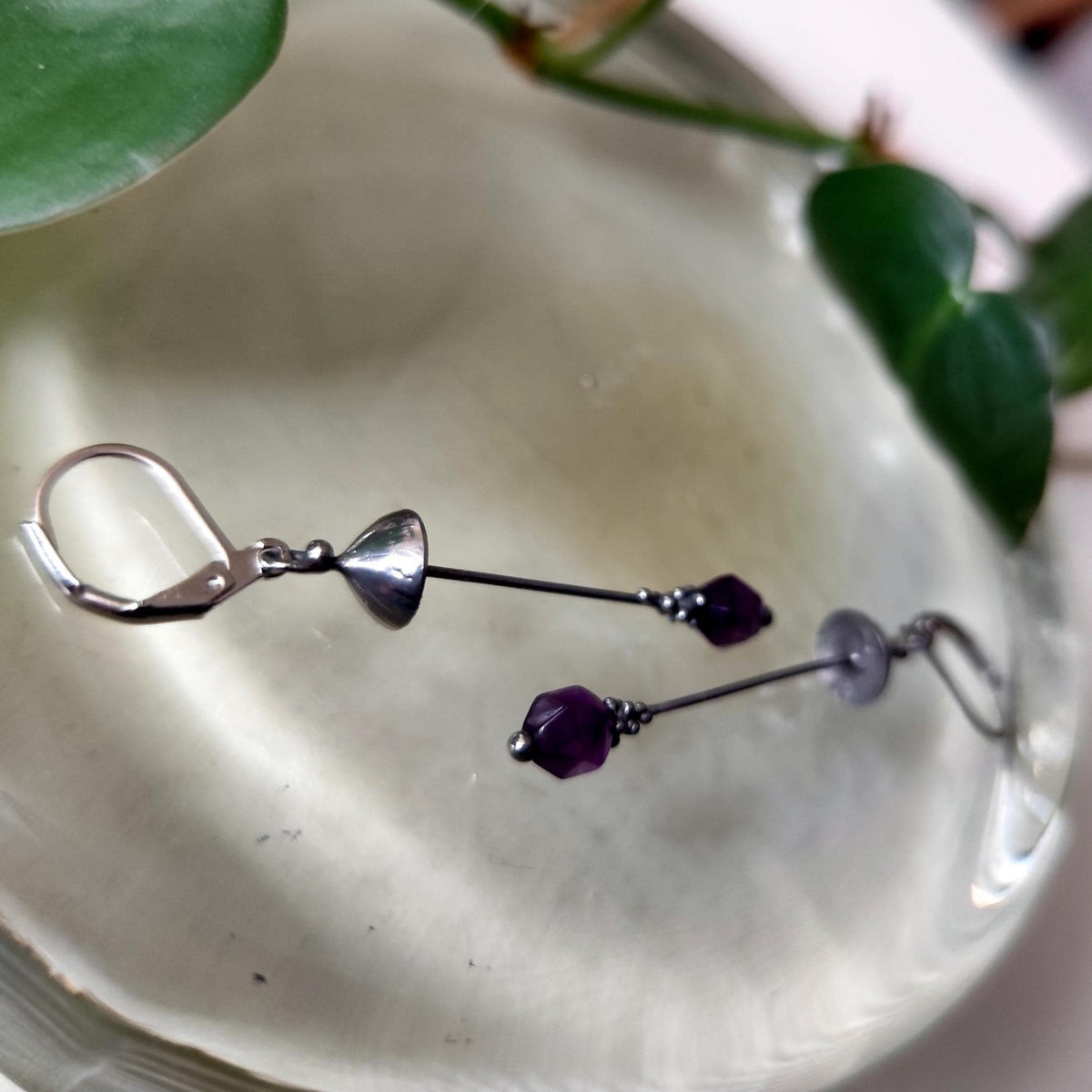 Amethyst Mushroom Earrings – Silver Tone
