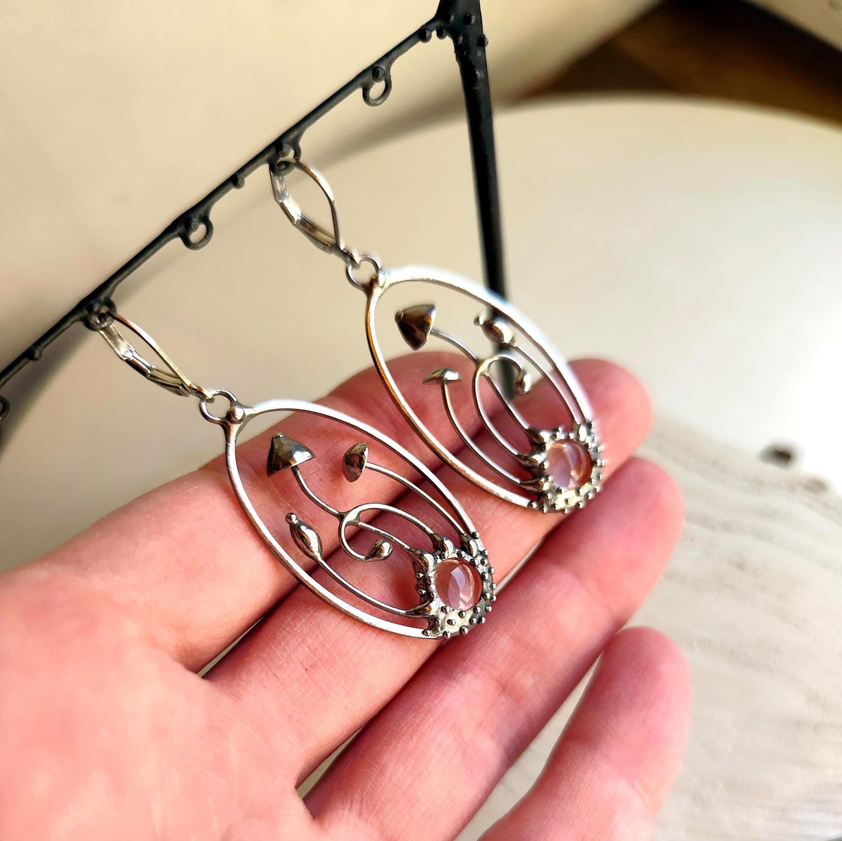 Glass Mushroom Oval Earrings – Silver Tone