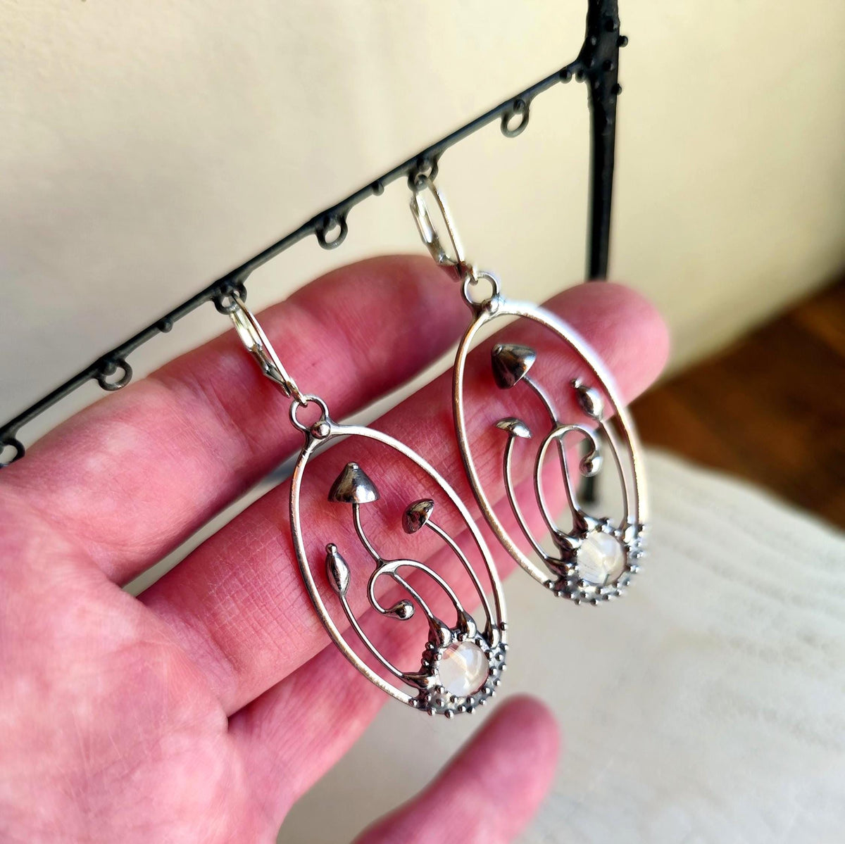 Glass Mushroom Oval Earrings – Silver Tone