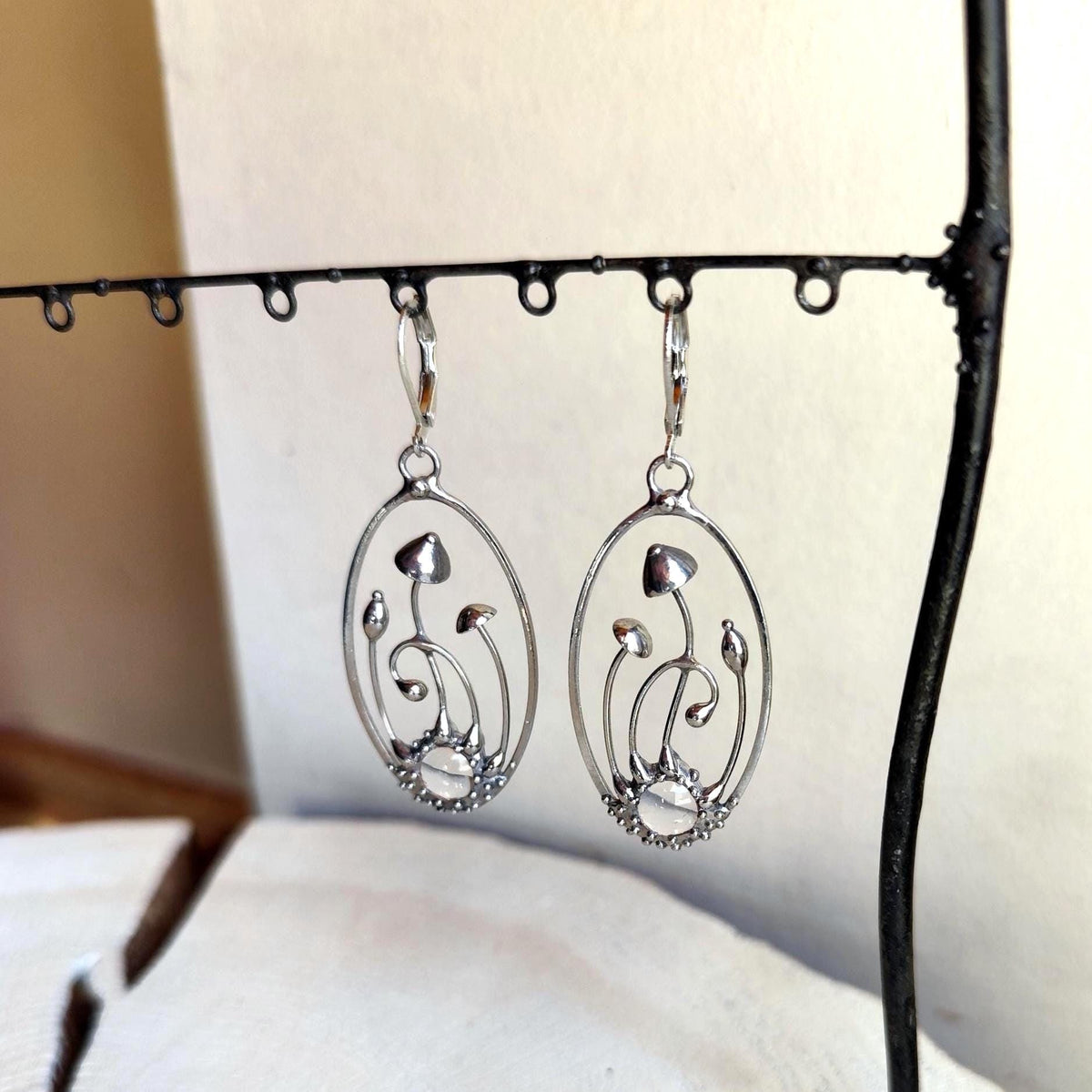 Glass Mushroom Oval Earrings – Silver Tone