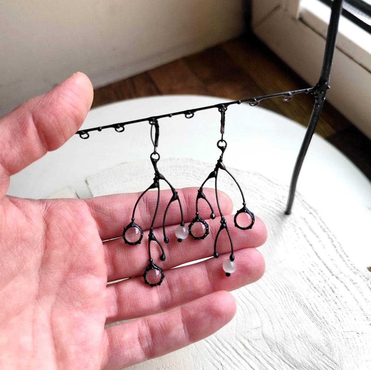 Clear Glass Branch Earrings – Blackened Copper
