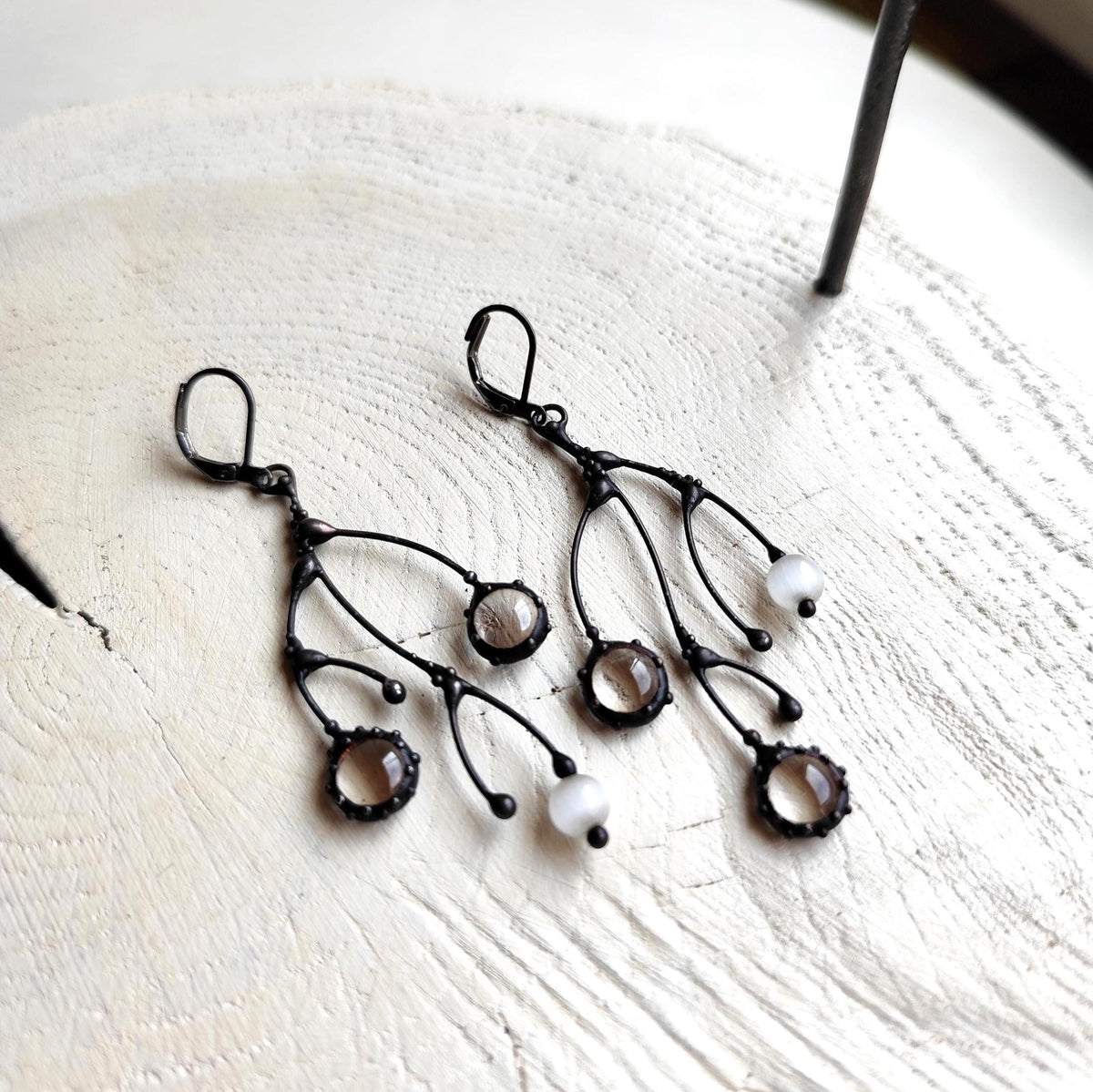 Clear Glass Branch Earrings – Blackened Copper