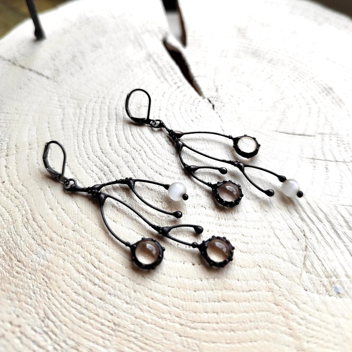 Clear Glass Branch Earrings – Blackened Copper