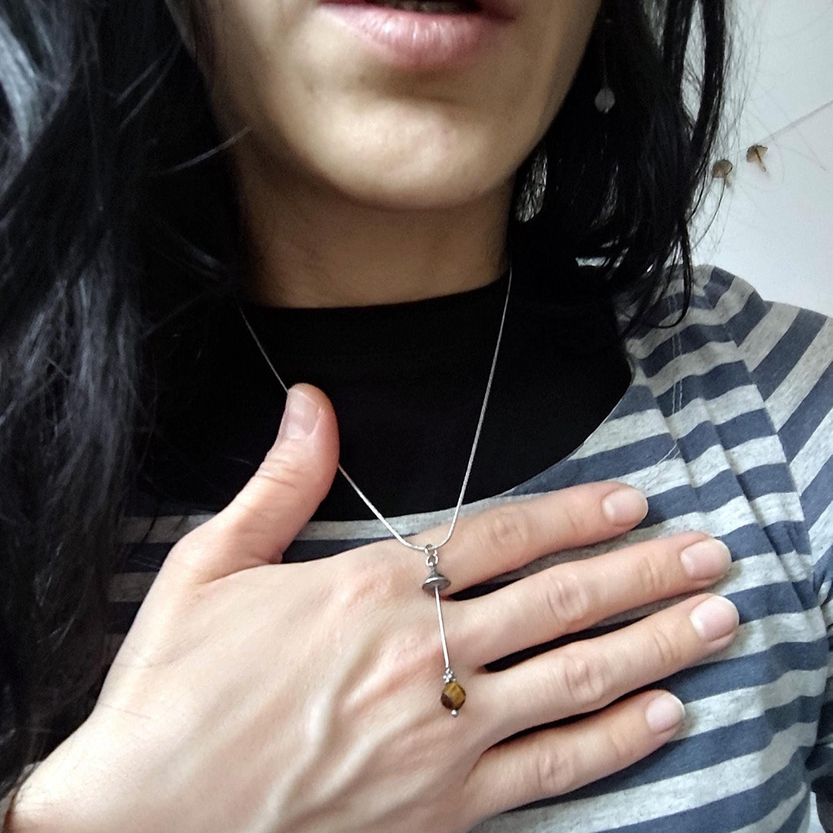 Tiger’s Eye Mushroom Pendant Necklace – Silver Tone