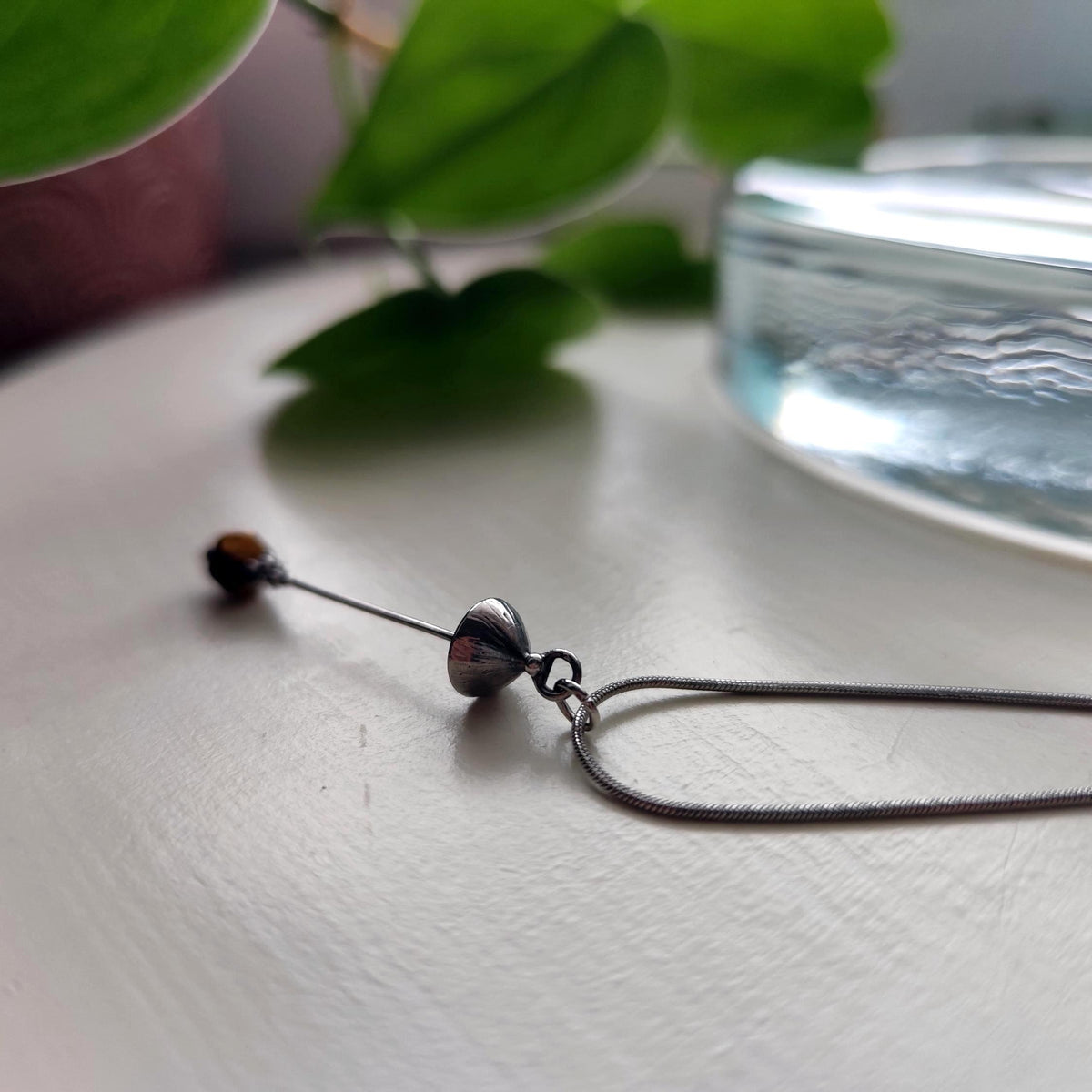 Tiger’s Eye Mushroom Pendant Necklace – Silver Tone