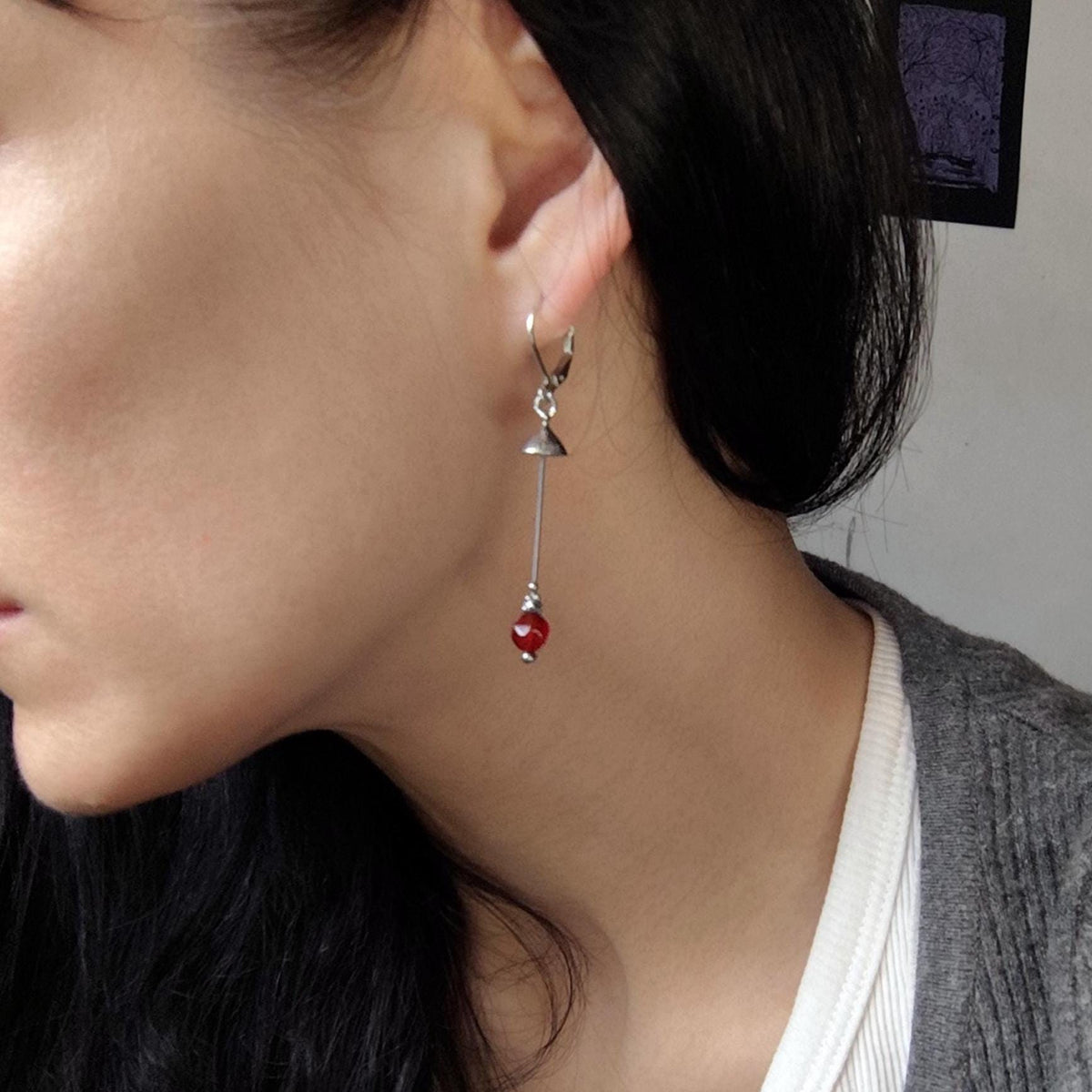 Red Agate Amanita Mushroom Asymmetrical Earrings – Silver Tone