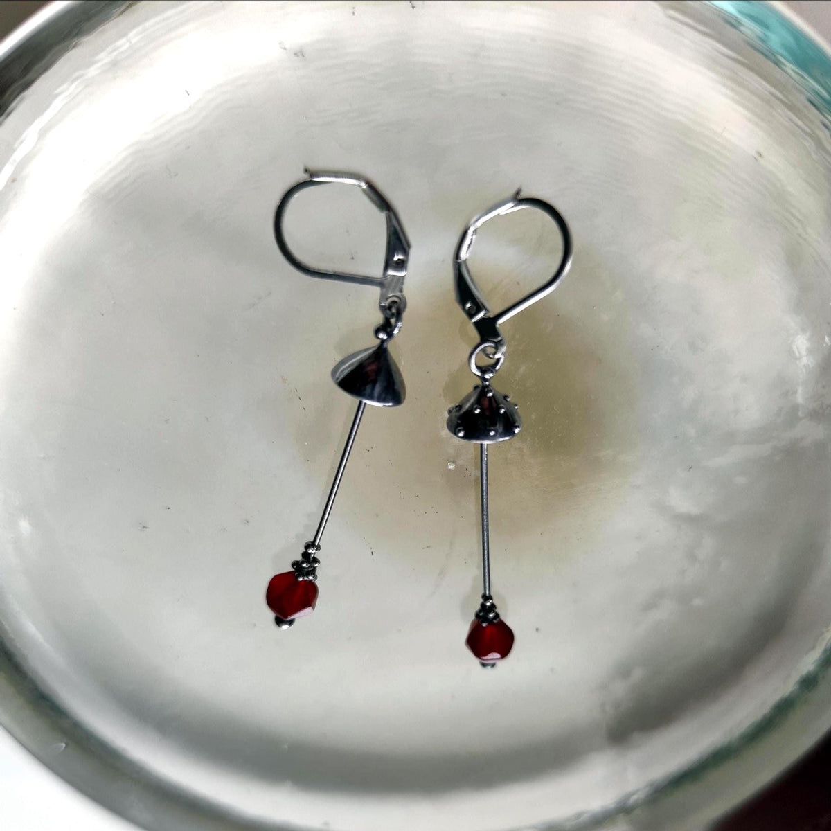 Red Agate Amanita Mushroom Asymmetrical Earrings – Silver Tone