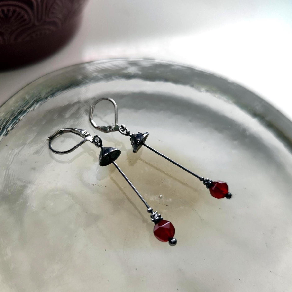 Red Agate Amanita Mushroom Asymmetrical Earrings – Silver Tone