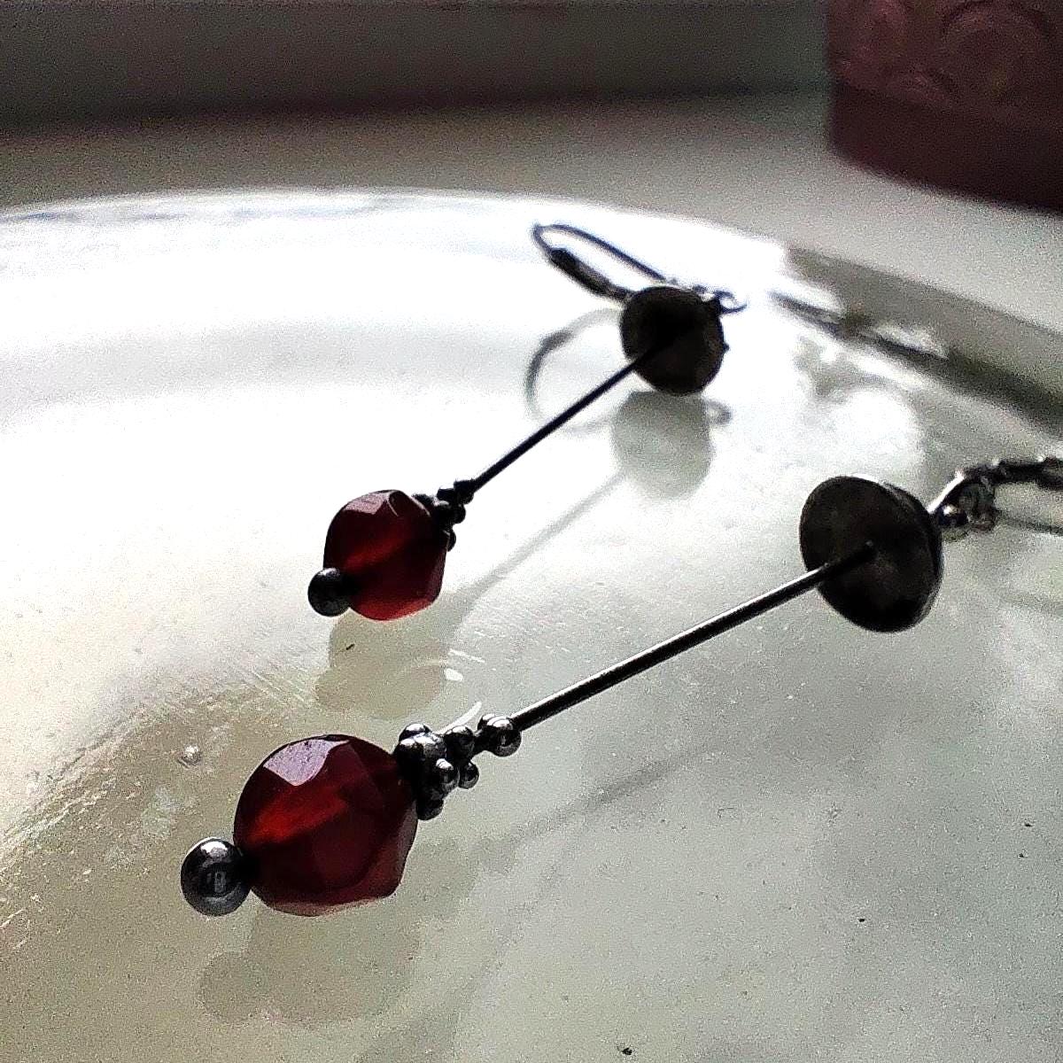 Red Agate Amanita Mushroom Asymmetrical Earrings – Silver Tone