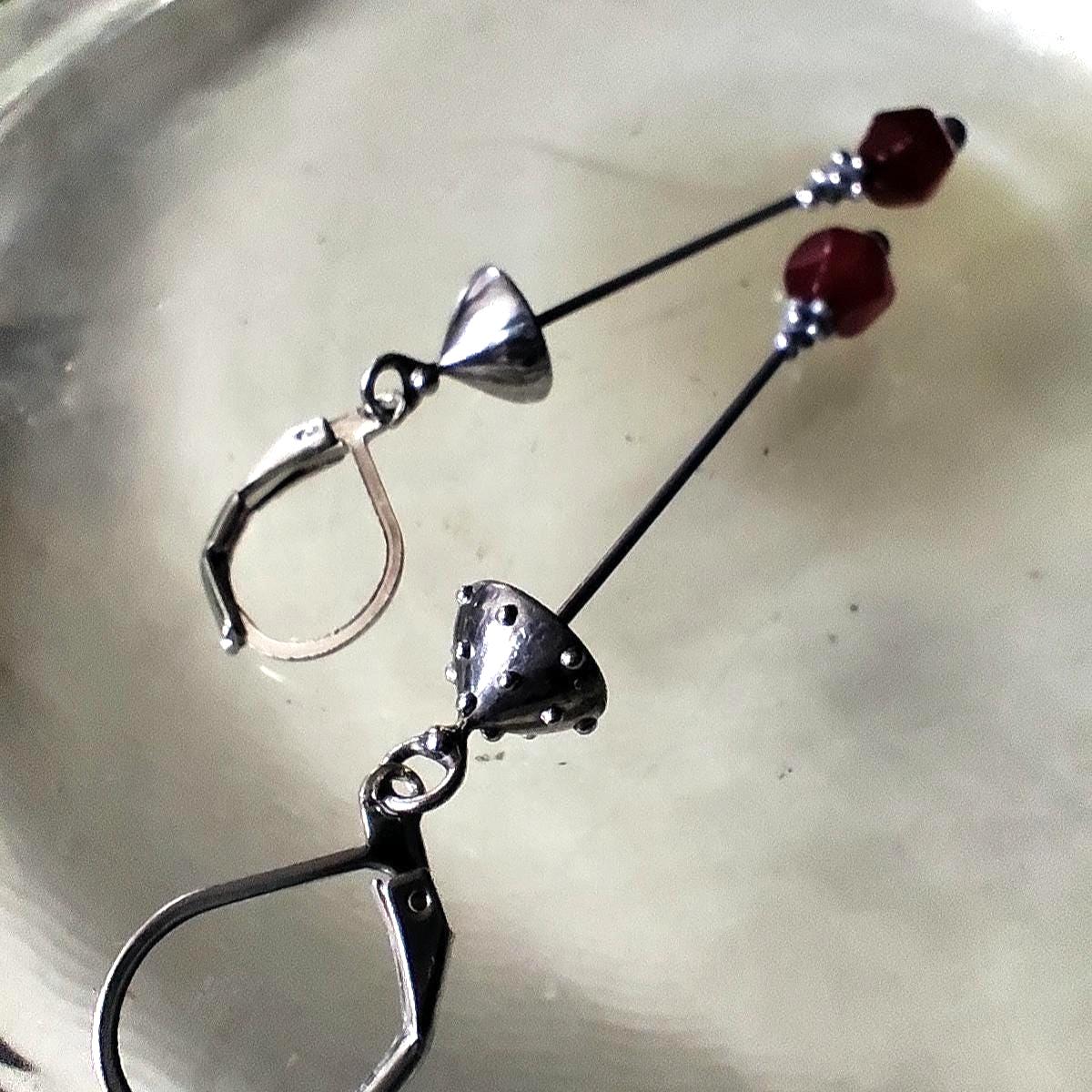 Red Agate Amanita Mushroom Asymmetrical Earrings – Silver Tone
