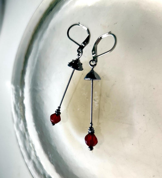 Red Agate Amanita Mushroom Asymmetrical Earrings – Silver Tone