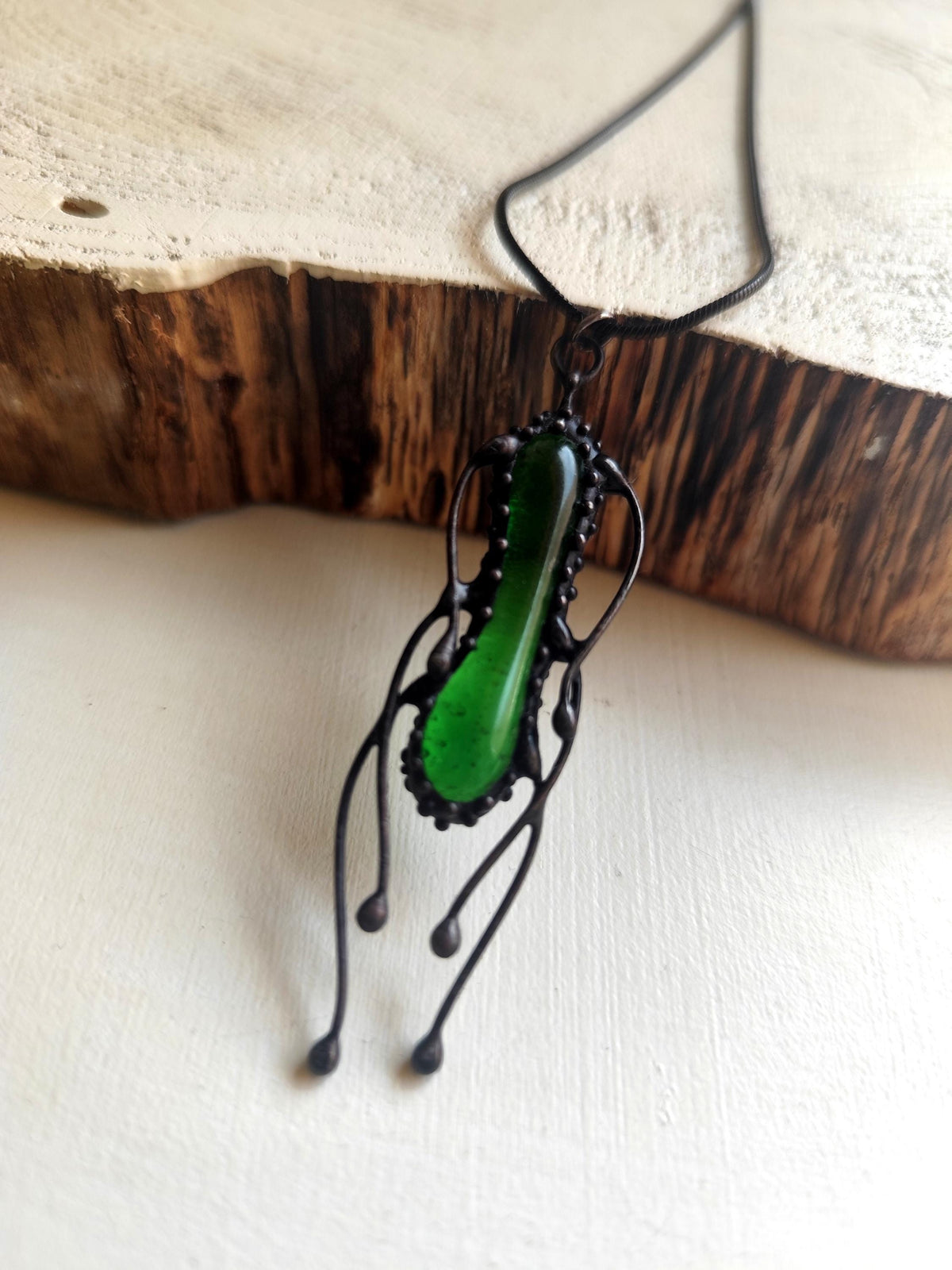 Green Stained Glass Jellyfish Necklace – Blackened Copper