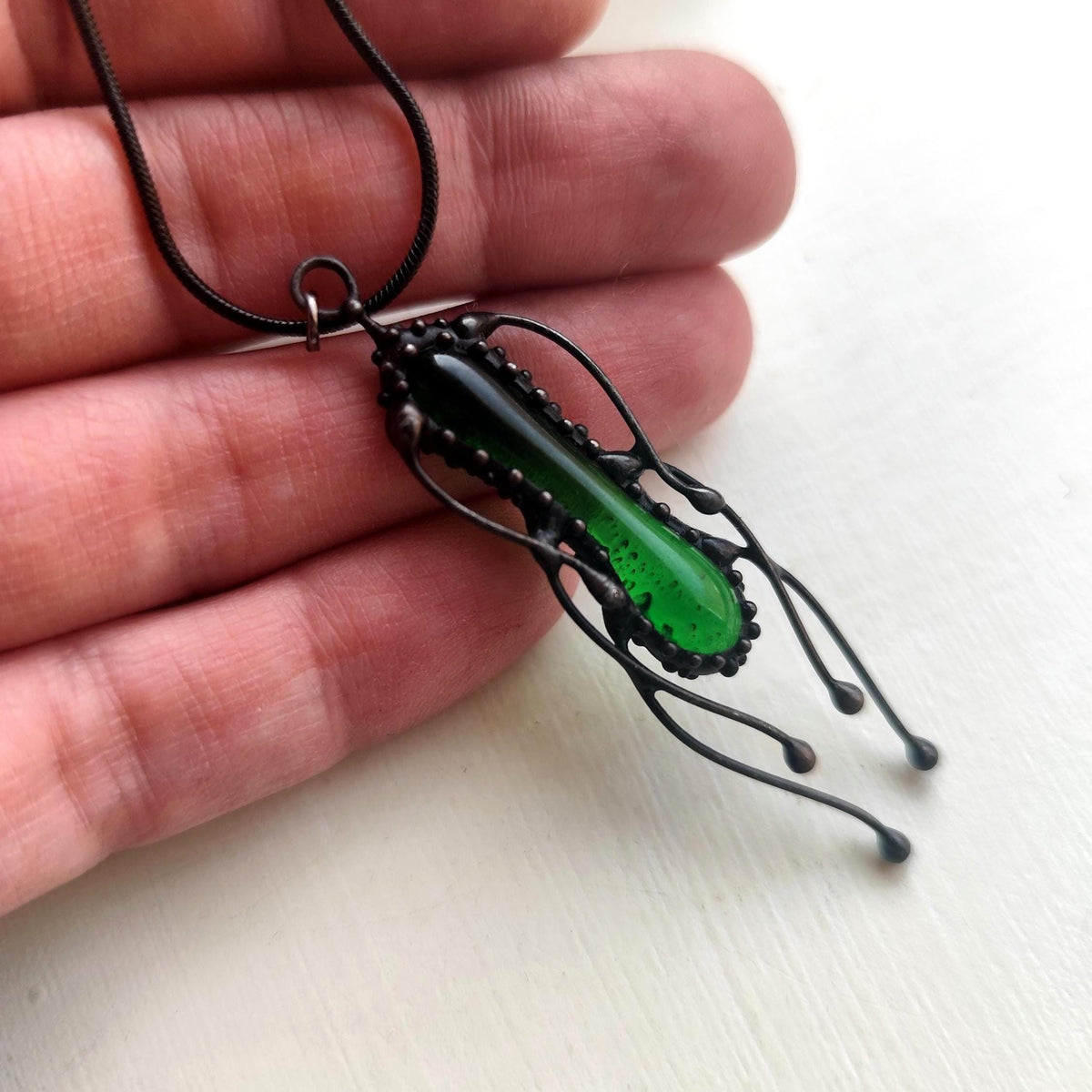 Green Stained Glass Jellyfish Necklace – Blackened Copper