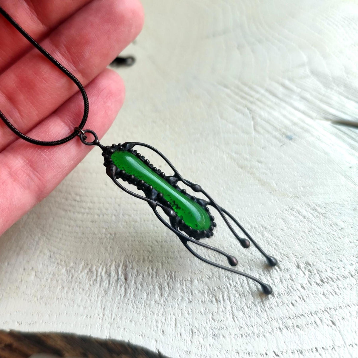 Green Stained Glass Jellyfish Necklace – Blackened Copper
