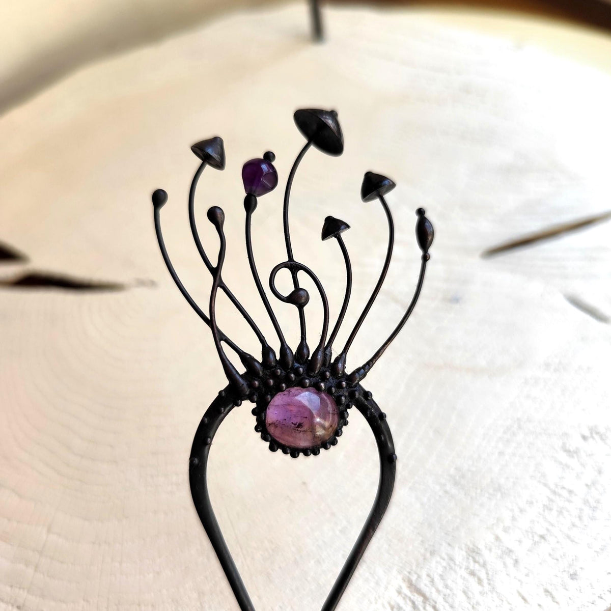 Amethyst Mushroom Hair Fork – Blackened Copper