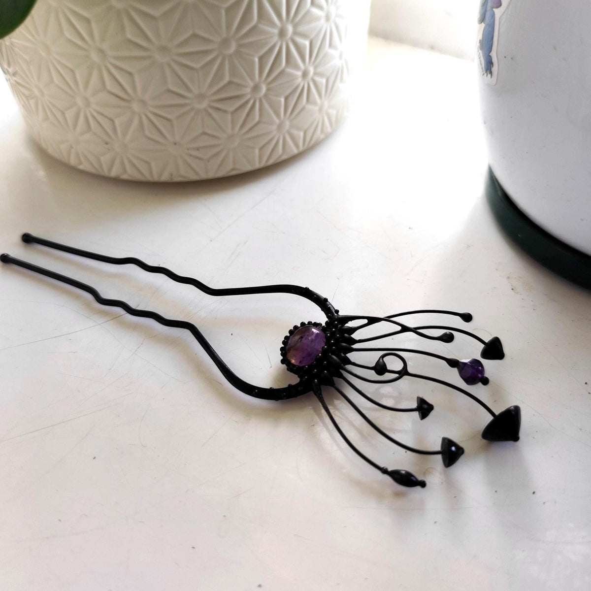Amethyst Mushroom Hair Fork – Blackened Copper