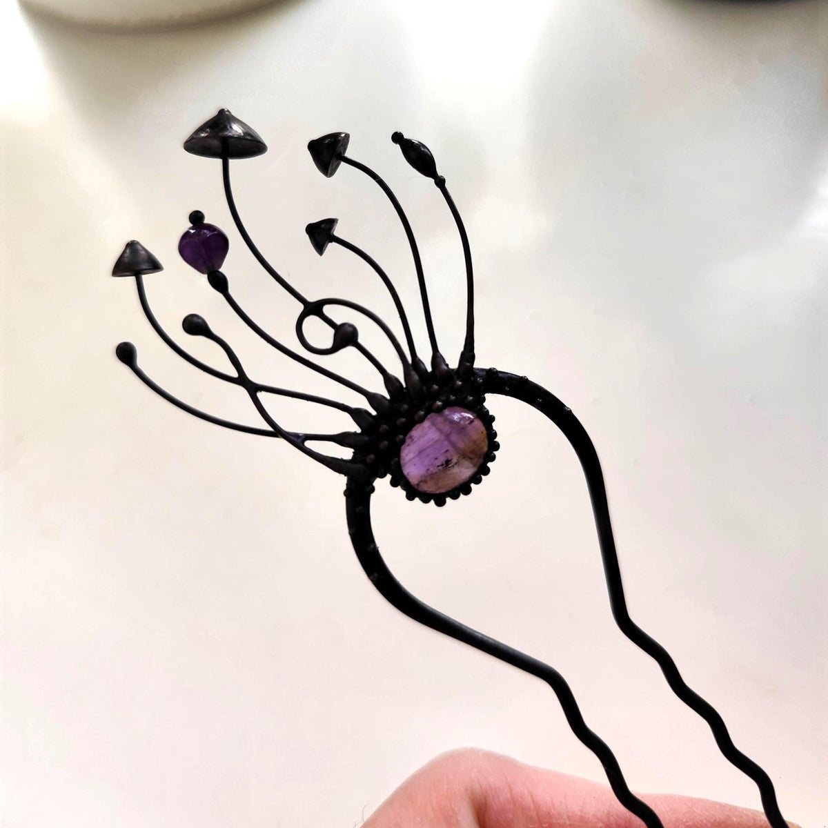 Amethyst Mushroom Hair Fork – Blackened Copper