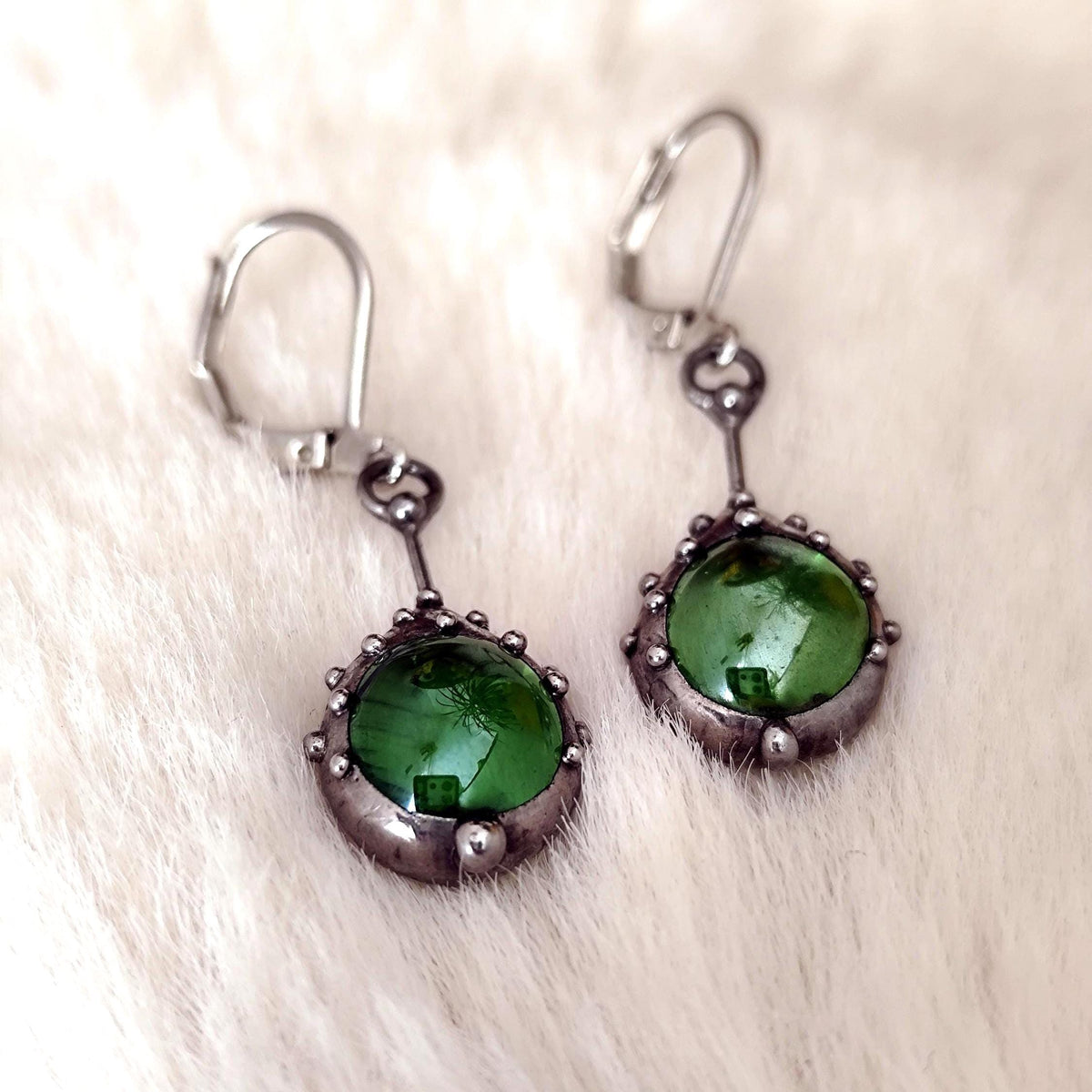 Green Stained Glass Drop Earrings – Silver Tone