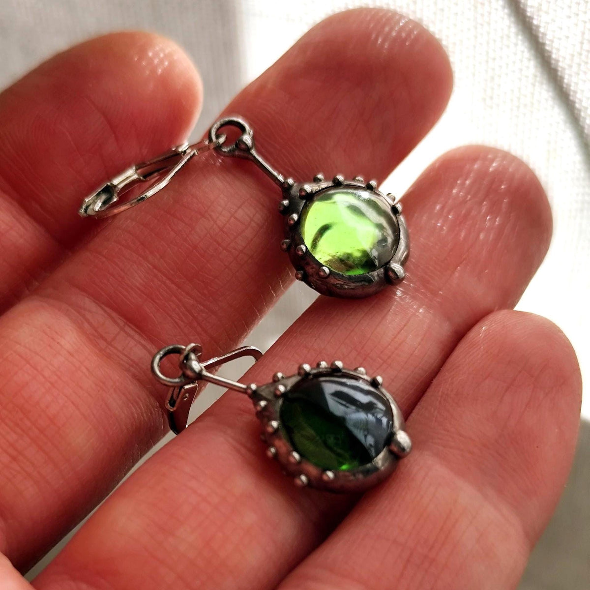 Green Stained Glass Drop Earrings – Silver Tone