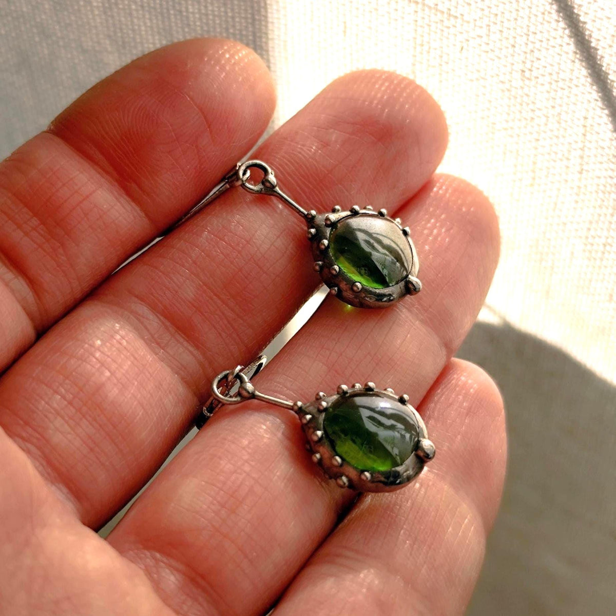Green Stained Glass Drop Earrings – Silver Tone