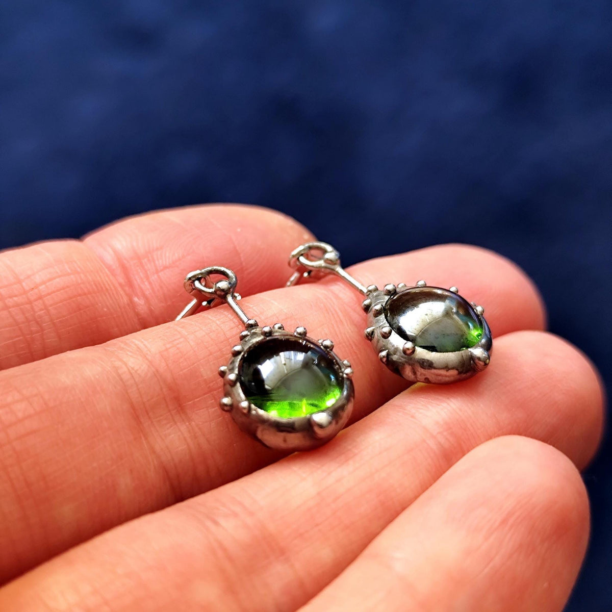Green Stained Glass Drop Earrings – Silver Tone