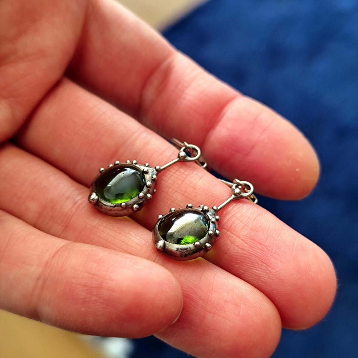 Green Stained Glass Drop Earrings – Silver Tone