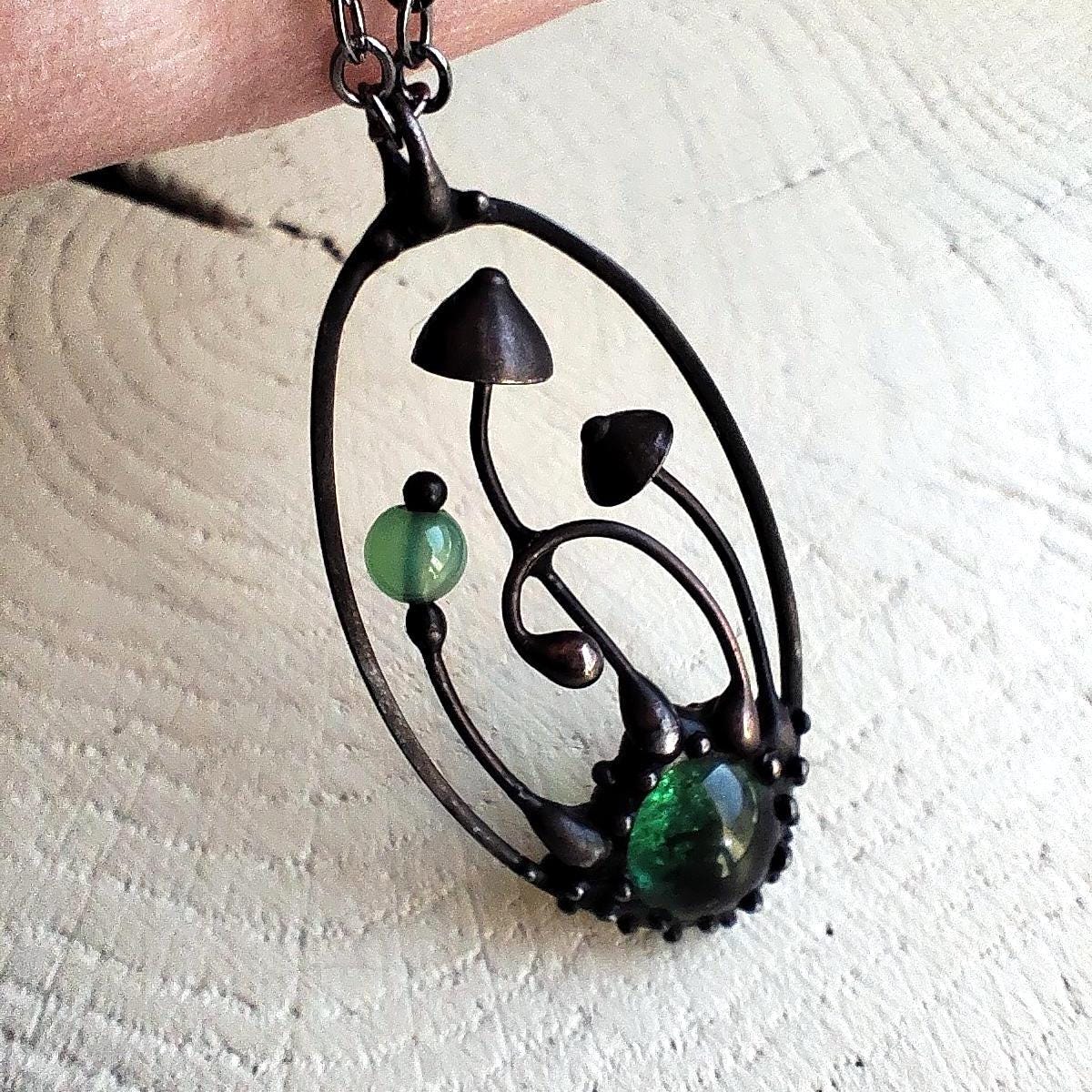 Green Glass Mushroom Forest Pendant – Blackened Copper