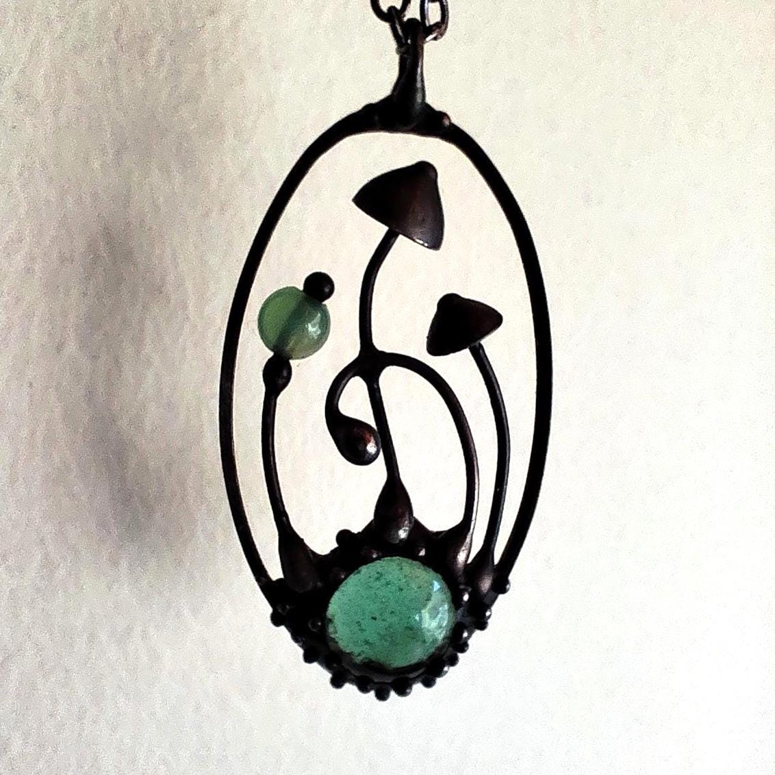 Green Glass Mushroom Forest Pendant – Blackened Copper