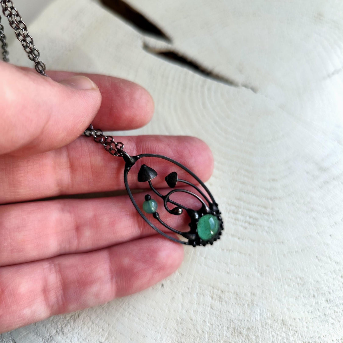 Green Glass Mushroom Forest Pendant – Blackened Copper