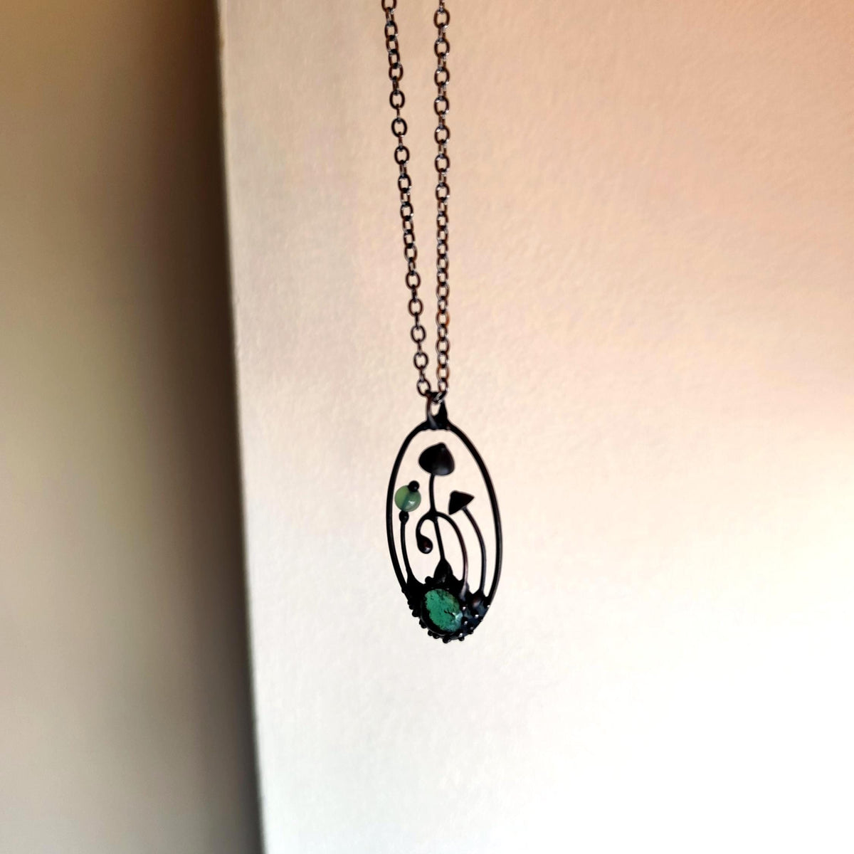 Green Glass Mushroom Forest Pendant – Blackened Copper