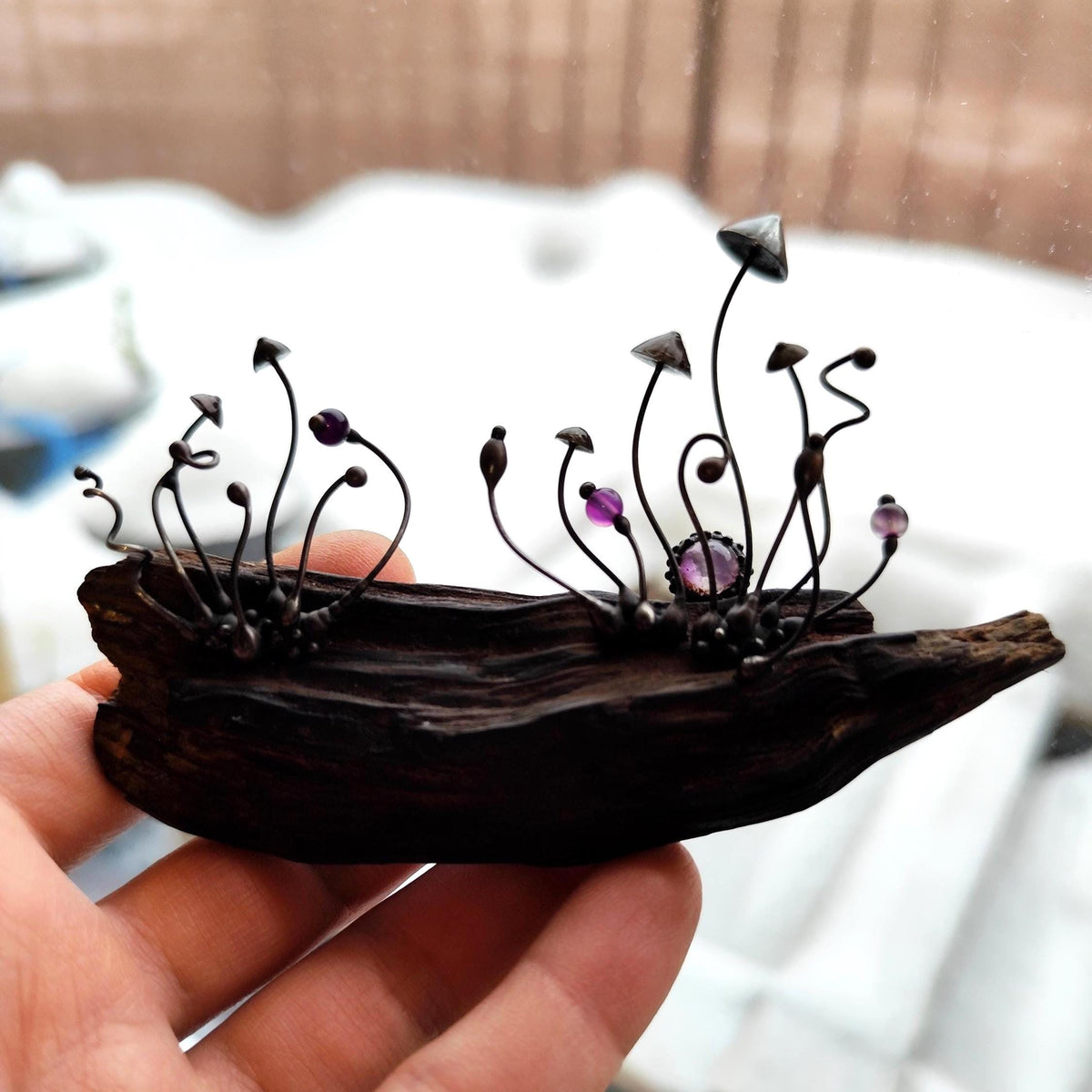 Amethyst Mushroom Forest Sculpture – Blackened Copper