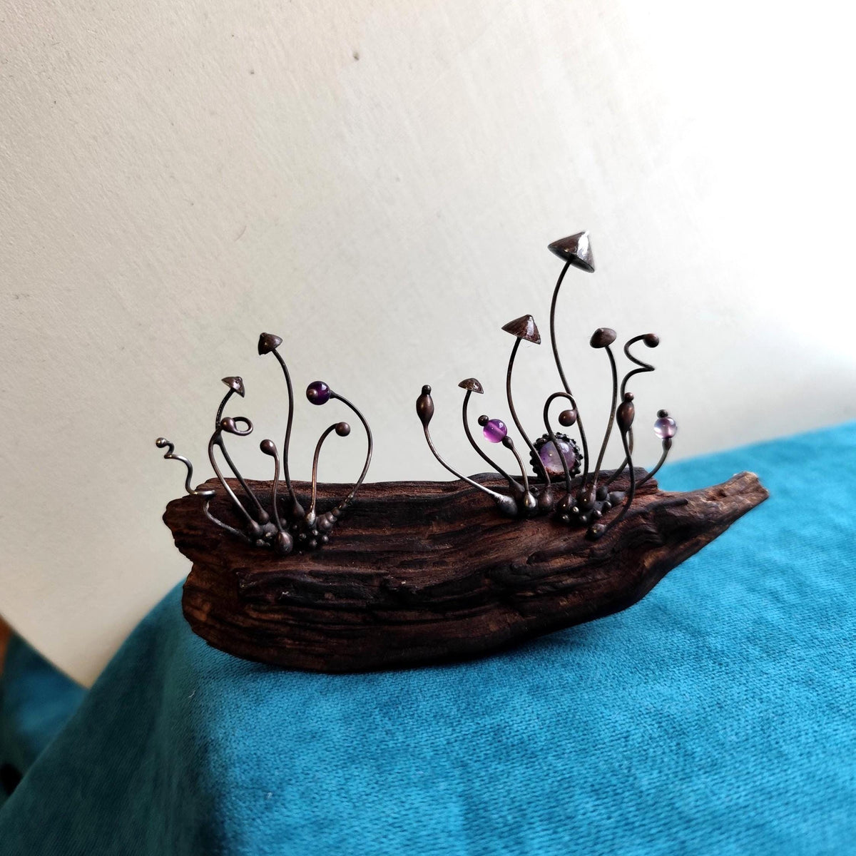 Amethyst Mushroom Forest Sculpture – Blackened Copper