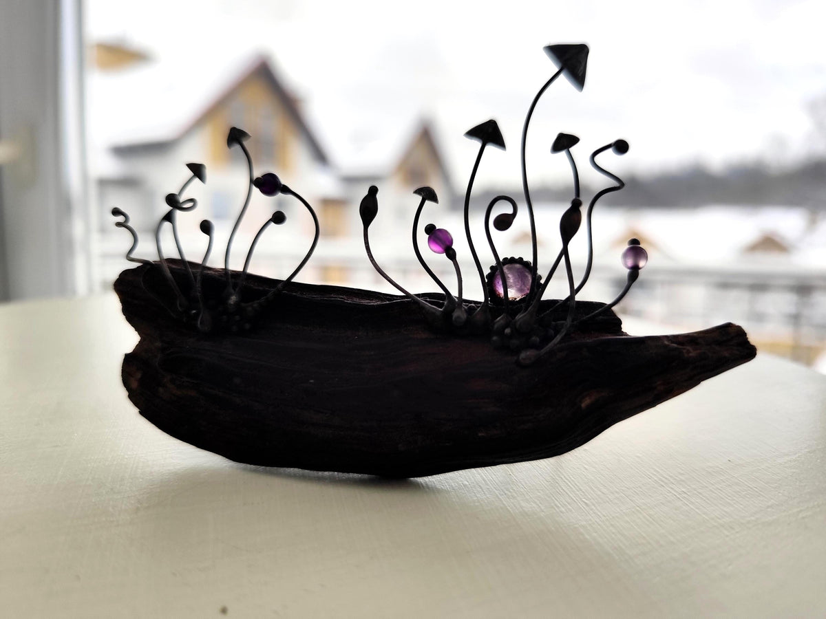 Amethyst Mushroom Forest Sculpture – Blackened Copper