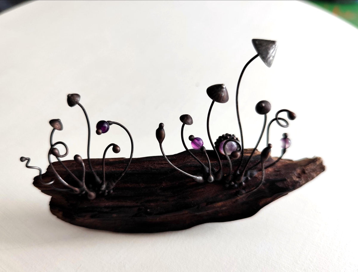 Amethyst Mushroom Forest Sculpture – Blackened Copper