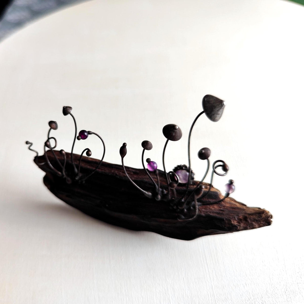 Amethyst Mushroom Forest Sculpture – Blackened Copper
