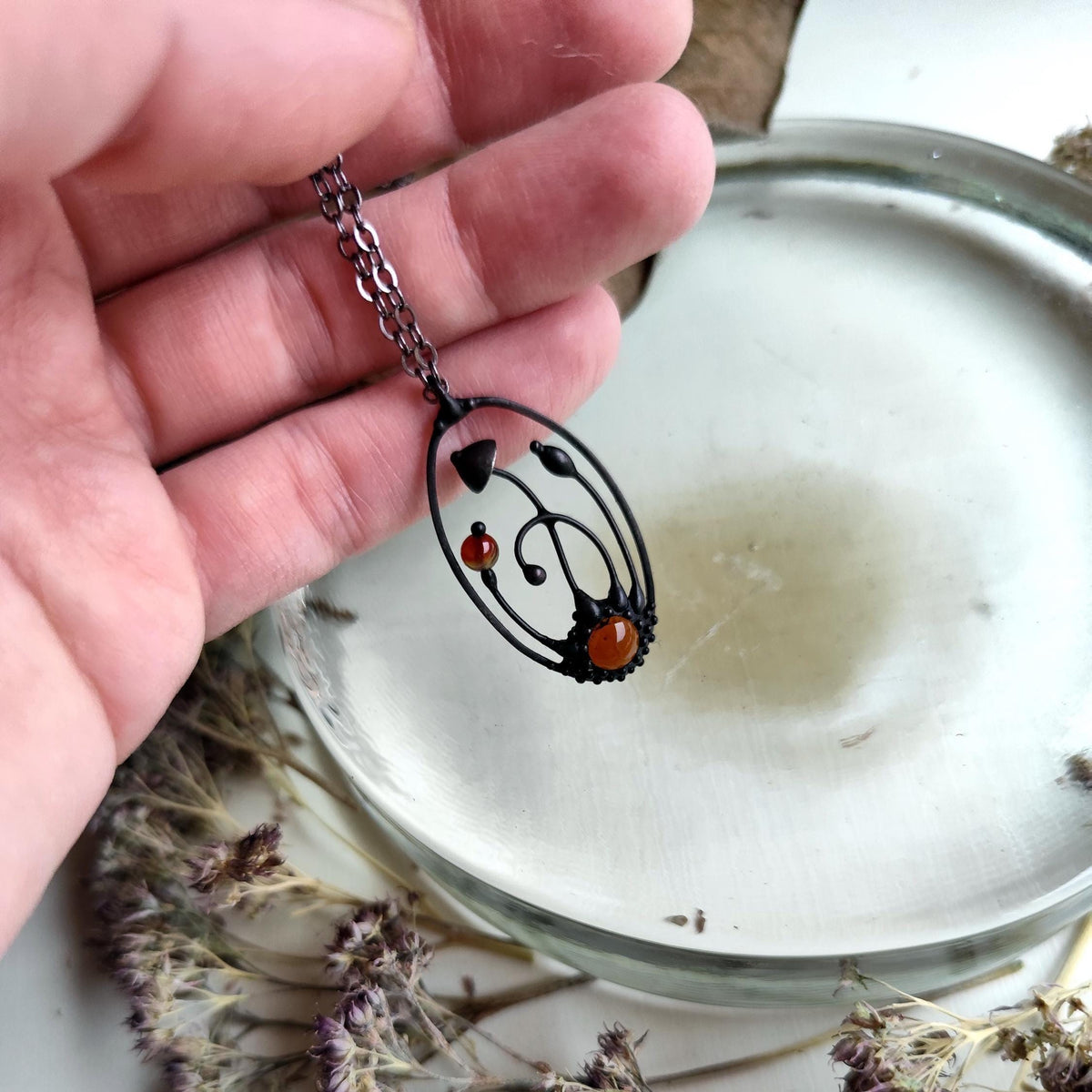 Brown Agate Mushroom Pendant Necklace – Blackened Copper