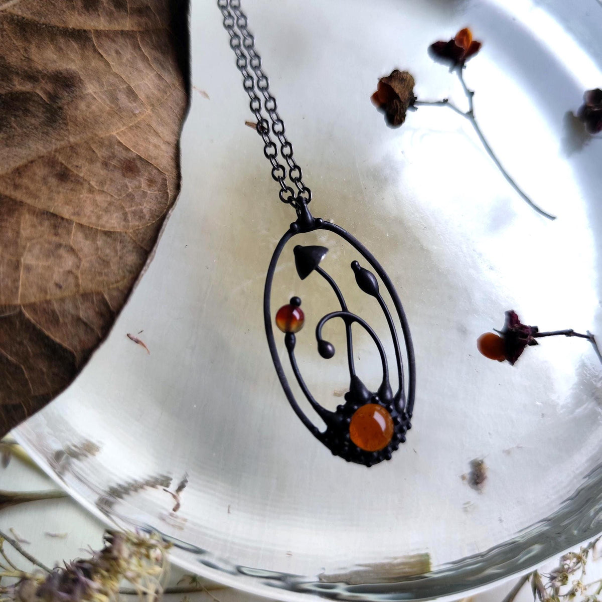 Brown Agate Mushroom Pendant Necklace – Blackened Copper