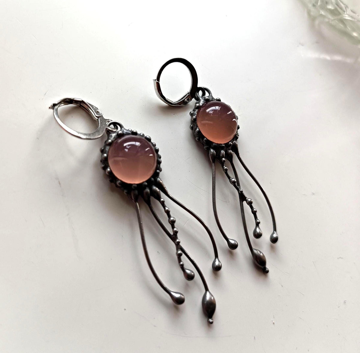 Rose Agate Jellyfish Earrings – Silver Tone